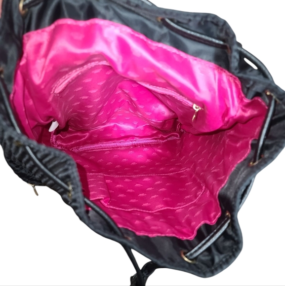 JUICY COUTURE Black Satin Sequin Quilted Drawstring Backpack With Gold Hardware - Picture 11 of 15